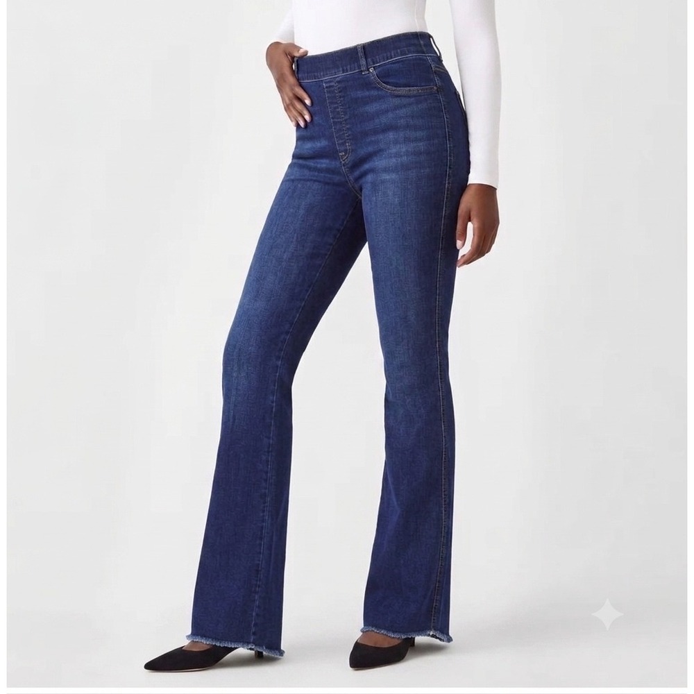 Spanx Flare Jeans XL Tall Dark Wash Pull On Raw Hem 20327T Boho Comfort Classic